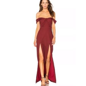50% NBD x Revolve Corah Maroon off shoulder gown